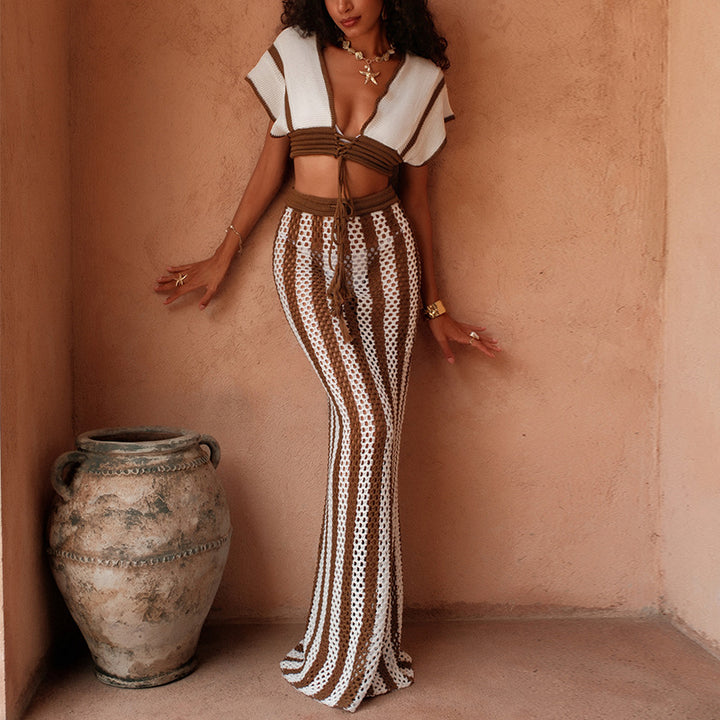 Dame stilfuld Crop-Top og bred Palazzo-bukser sæt Skovae
