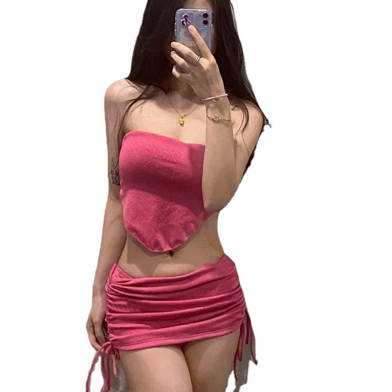 Dame Strapless Crop Top og rynket Mini Skirt Sæt Stilla