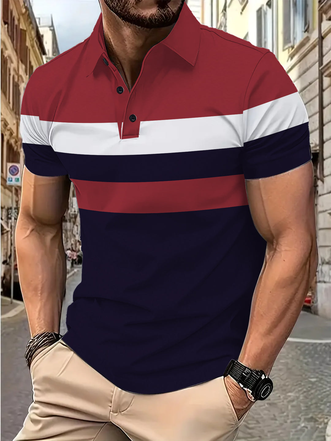 Herrer Poloshirt med moderne, flerfarvet stribemønster og åndbare egenskaber Stilla