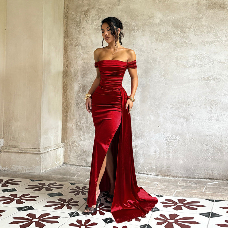 Damer Elegant Off-Shoulder Maxikjole i luksuriøs Satin Skovae