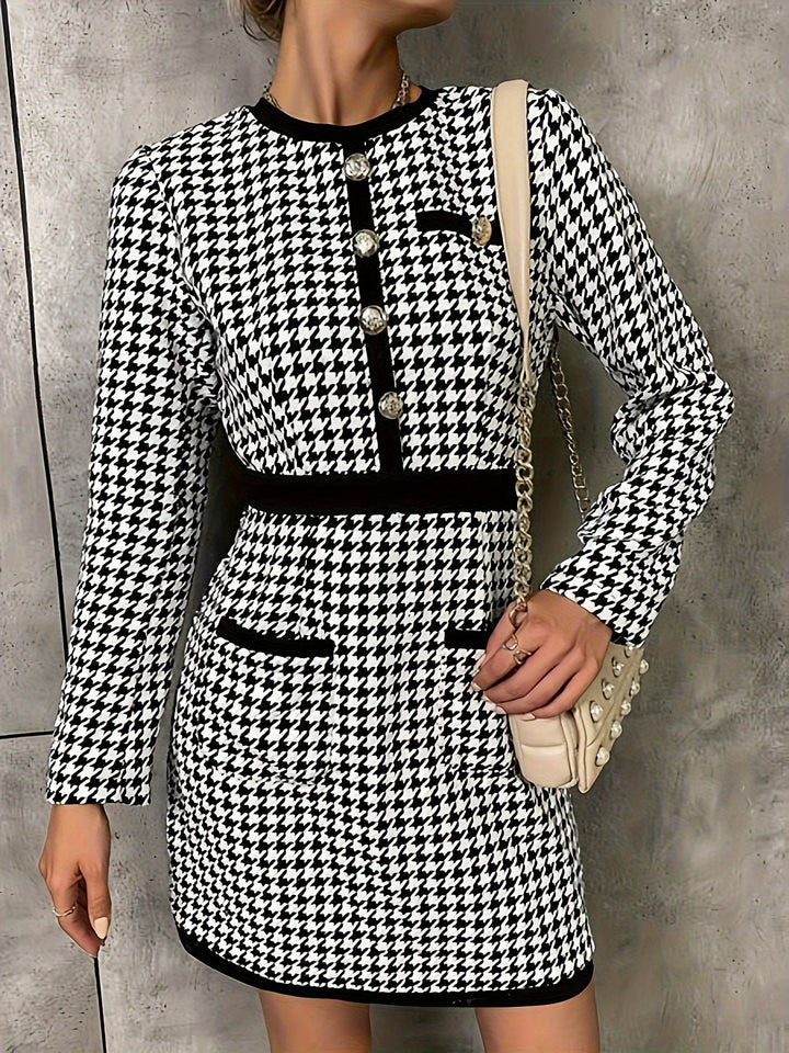 Dame elegant kjole i klassisk houndstooth mønster med knapdetaljer og lommer Stilla