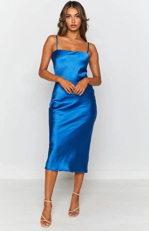 Women's satin midi dress with narrow spaghetti straps and elegant cut Skovae