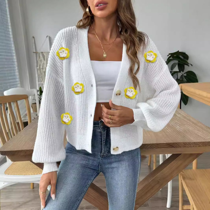 Damer moderigtig strik-Cardigan med innovativt blomstermotiv og ballonærmer Stilla
