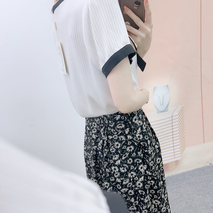 Dame Elegant Bluse med Sløjfeakcent og Blomsterprint Nederdel Stilla