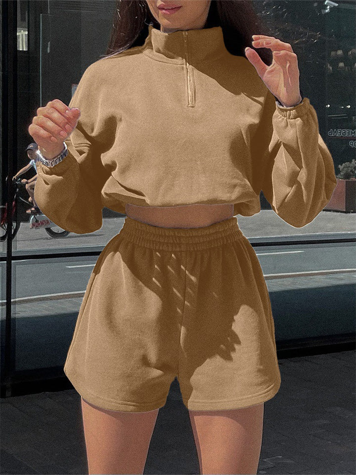 Kvinders sporty cropped top og shorts sæt med lynlås og elastisk talje