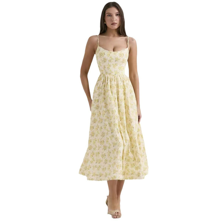 Dame Midi Kjole med elegant blomsterdesign og sart taljestrik Stilla
