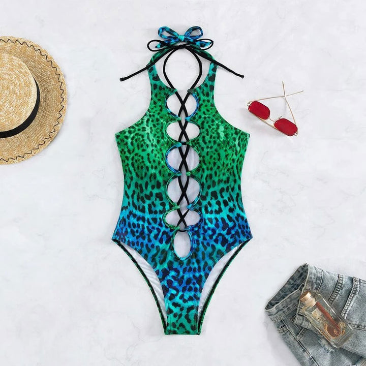 Dame one-piece badedragt med spændende safari-mønster og raffineret snøre-design Skovae