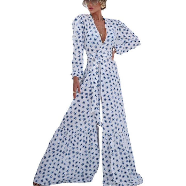 Dame Maxikjole med floral indpakningsdesign og puffærmer Stilla