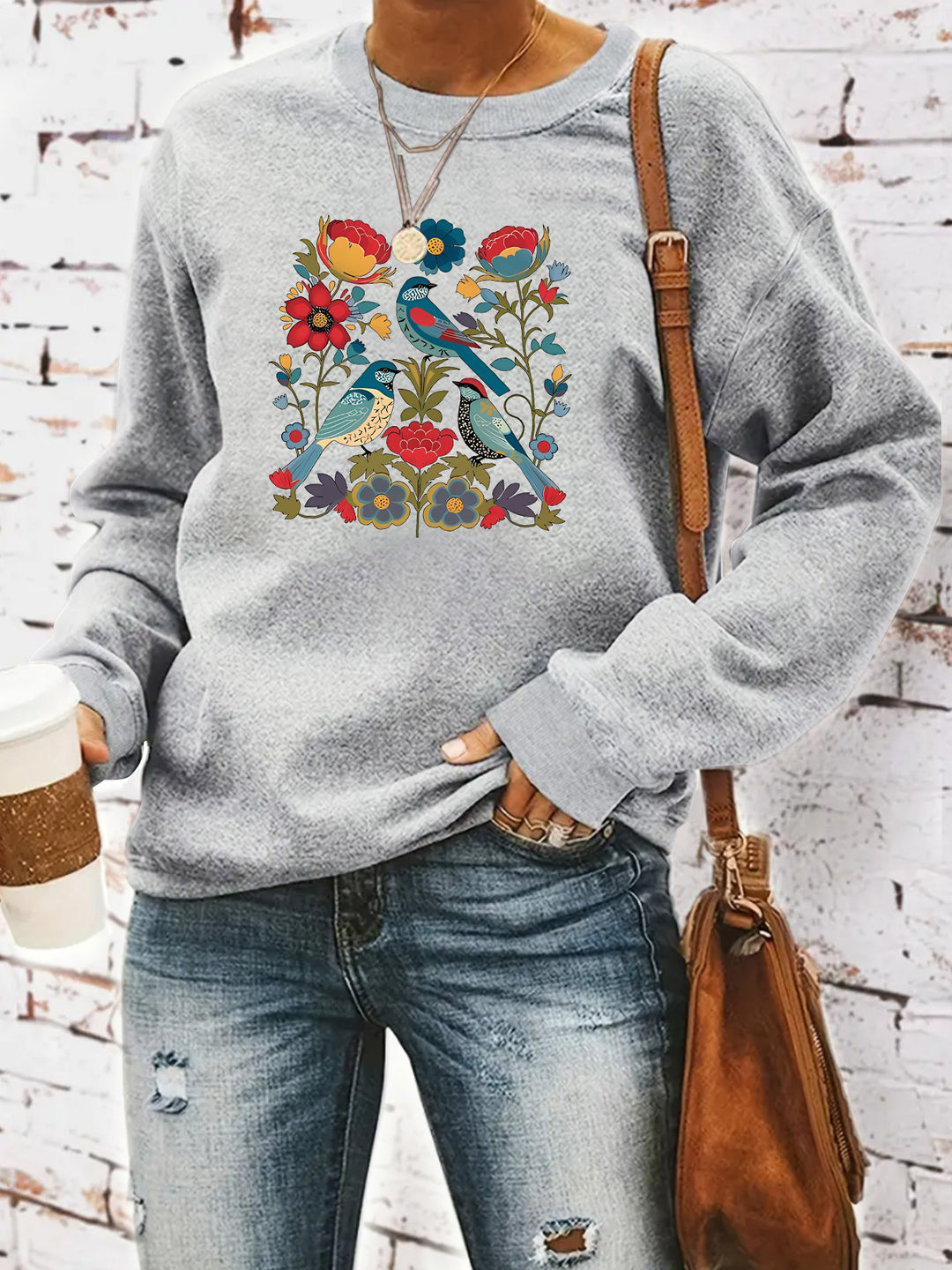 Kvinders sweatshirt med blomsterfuglemotiv og afslappet skæring Stilla