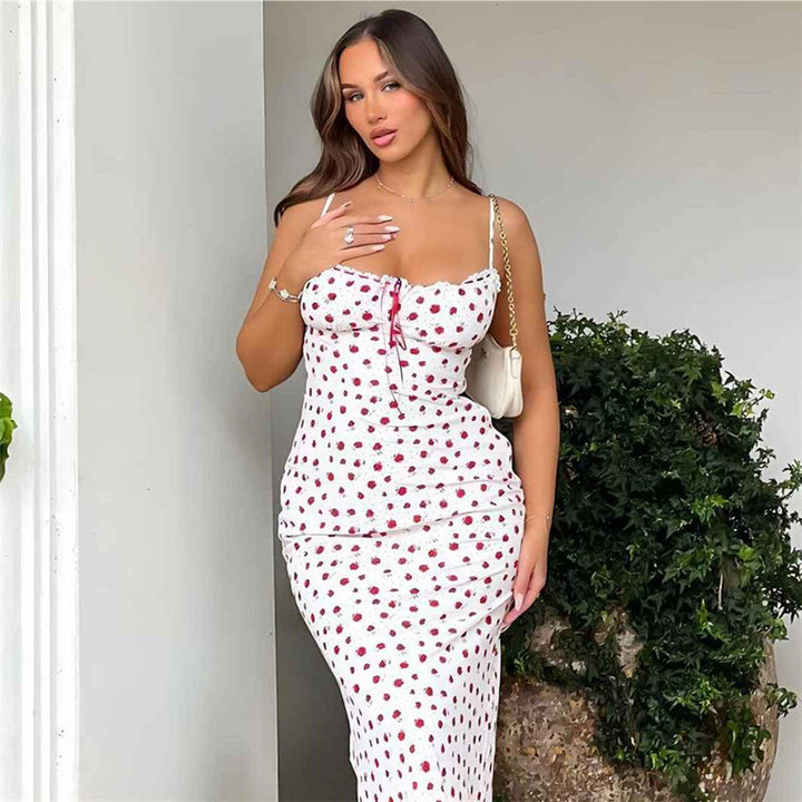 Frau Spaghetti-strop sommer midi kjole med blomster-mønster Stilla