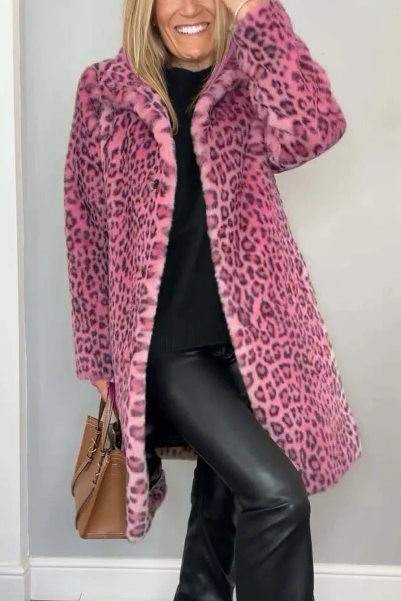Stilla | Frakke Plus Size Blødt Kunstpels Leopardmønster Afslappet Stil