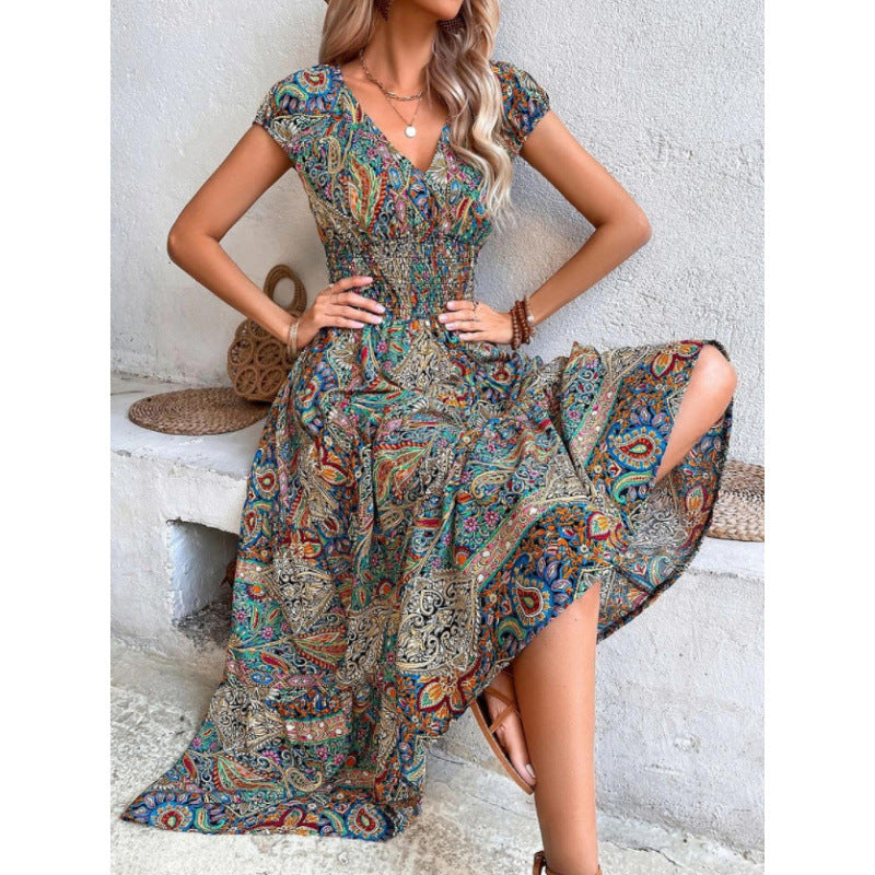Dame Smocked Bohemian Maxi Kjole med korte ærmer Stilla