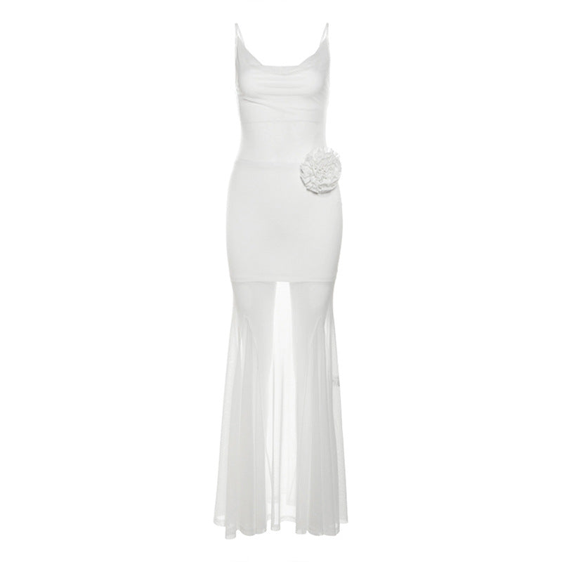 Dame elegant maxikjole med raffineret chiffonbund og blomsterapplikation Stilla