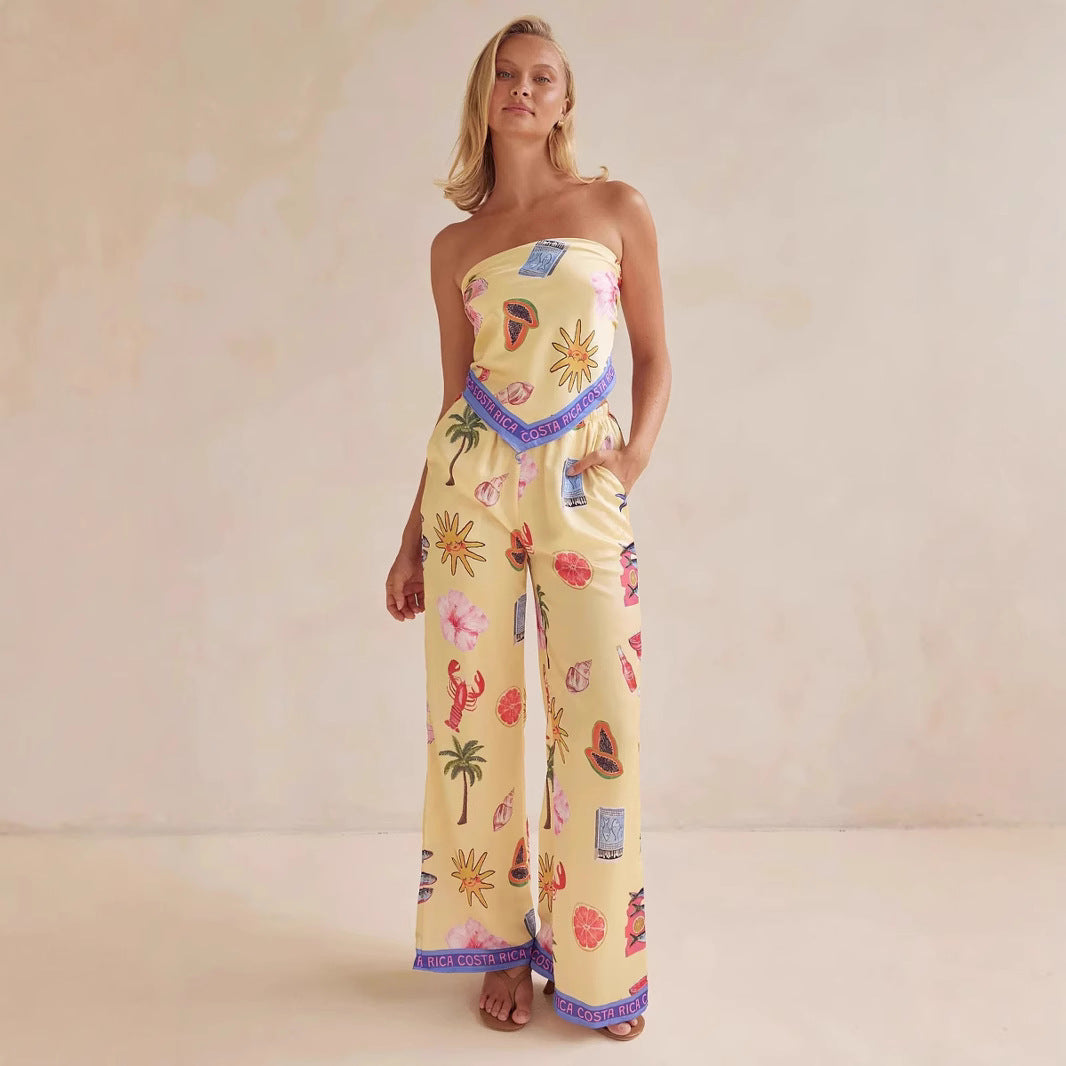 Kvinders jumpsuit med legende tropiske mønstre og elastisk top Skovae