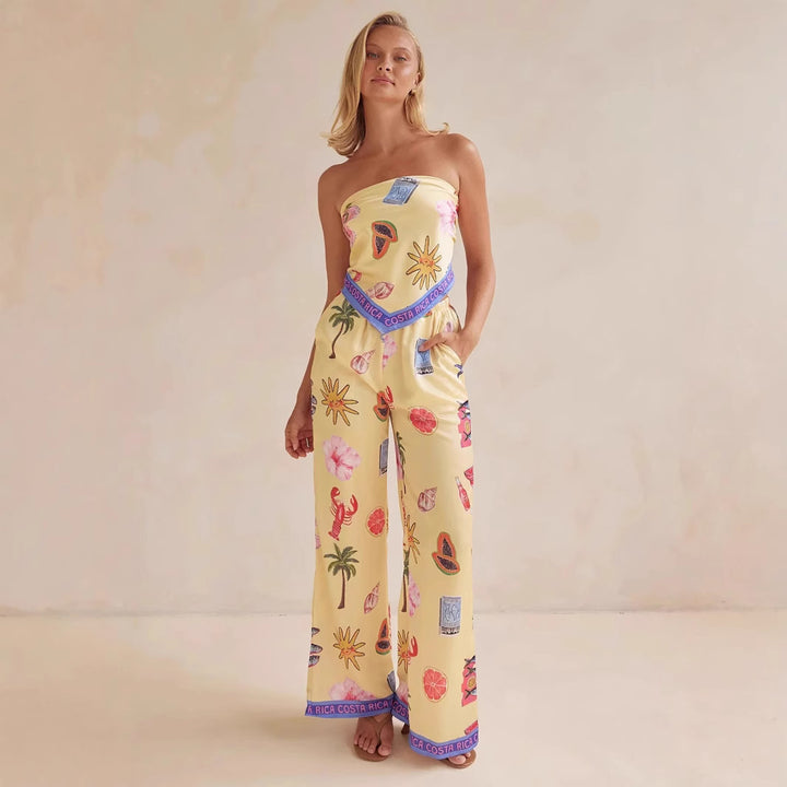 Kvinders jumpsuit med legende tropiske mønstre og elastisk top Skovae