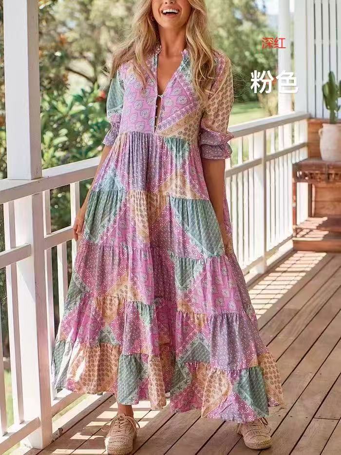 Dame Boho-inspireret bomuldsmaxikjole med flæse detaljer Stilla