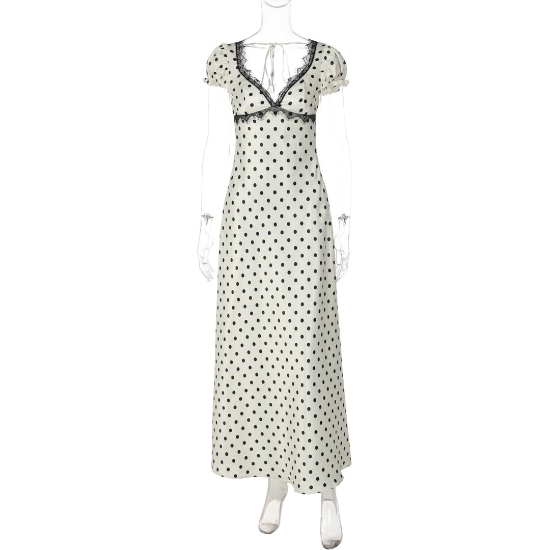 Dame Polka Dot Maxikjole med elegante flæsedetaljer og nostalgisk udskæring Skovae