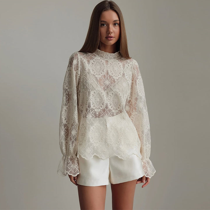 Dame blonde bluse med høje ærmer og fransk krave Stilla
