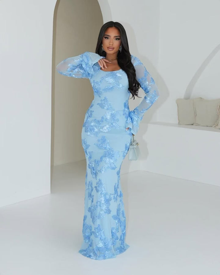 Dame Elegant, transparent maxikjole med blomsterapplikationer Stilla