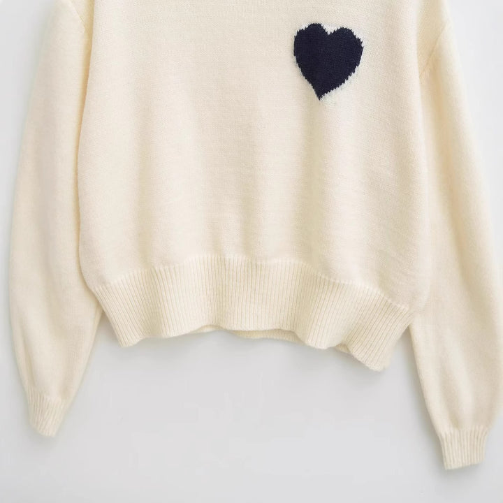 Dame strikpullover med hjerte-applikation Stilla