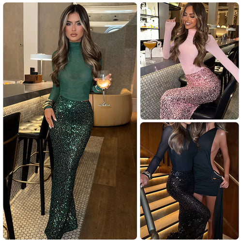 Dame glamorøse glitrende maxi kjoler med tætsiddende top og elegant snit