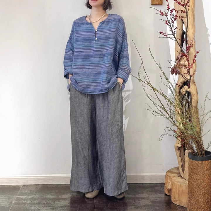 Dame Let stribet Linnedbluse Stilla