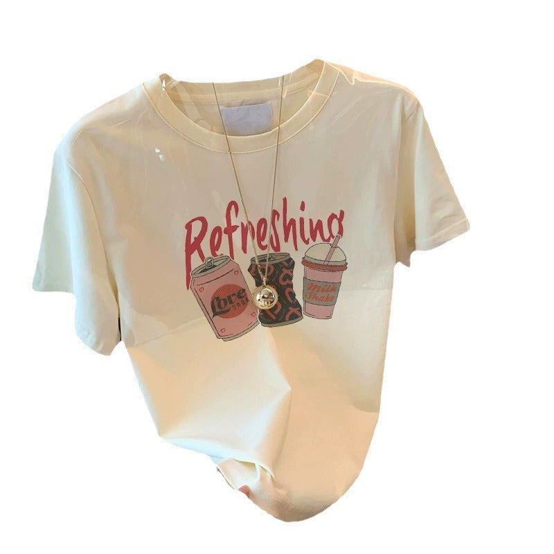Dame T-shirt med kreativ drikmotiv og afslappet snit Stilla