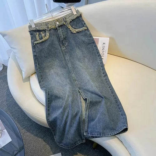 Kvinders stilfulde denim midi nederdel med forkert slids Stilla