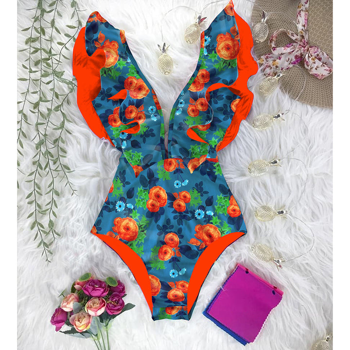 Dame heldragt badedragt med blomsterprint og voluminøse flæser Stilla