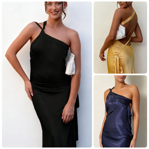 Dame elegant maxi kjole med asymmetrisk design til hals og blank satin
