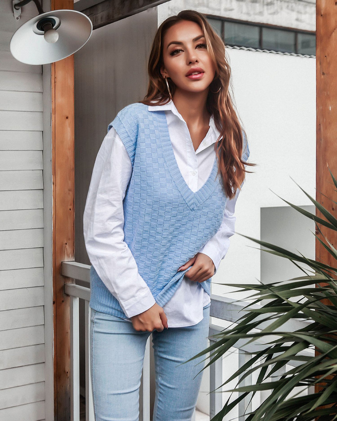 Dame Strik-Top med V-hals og struktureret design Stilla