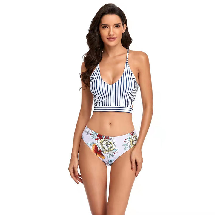 Dame Bikini-sæt med stribet top og blomster underdel Stilla