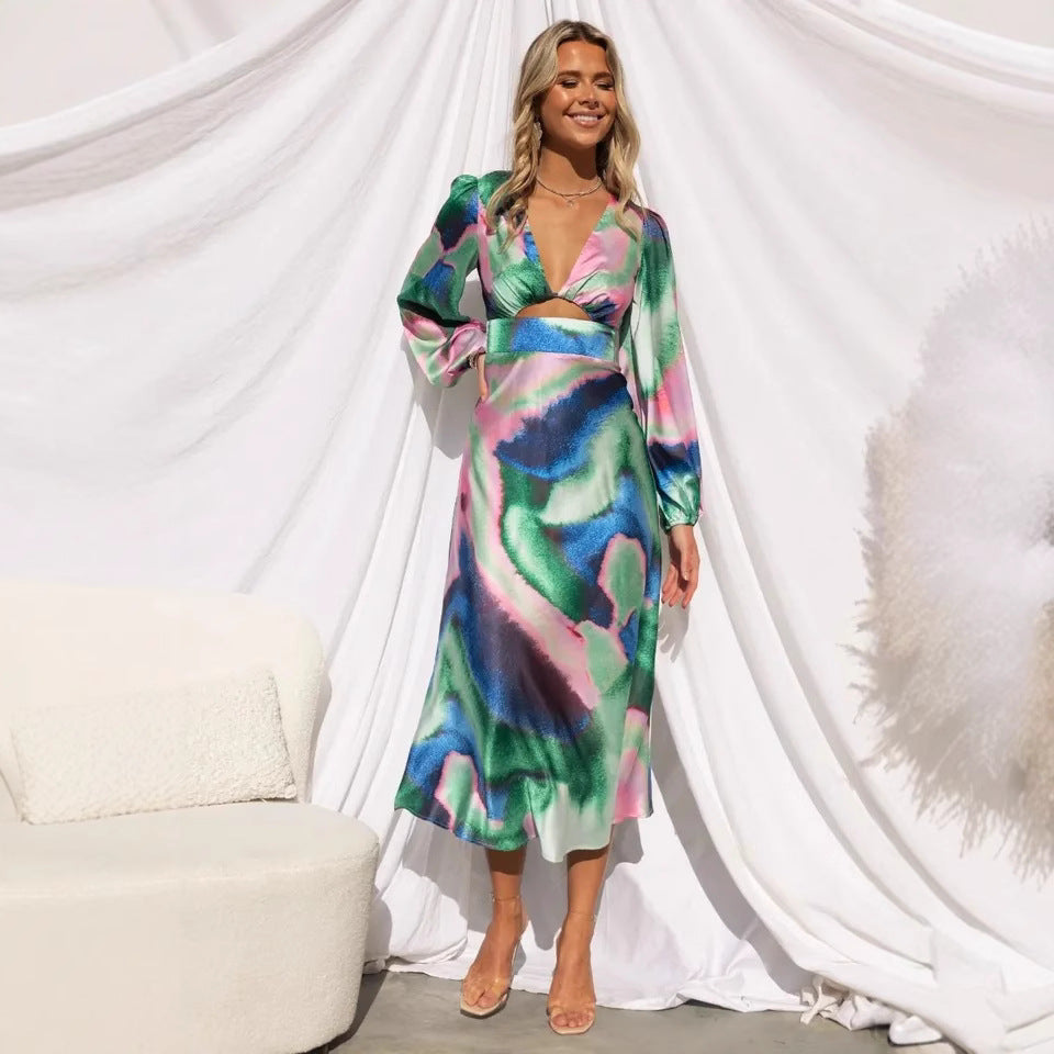 Women's midi dress with innovative cut and colorful pattern Skovae