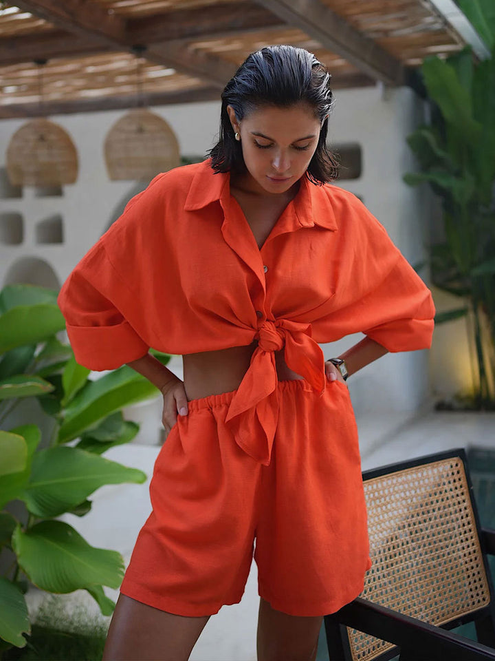Femme Luxe Slips-Front Skjorte og Shorts Sæt Stilla