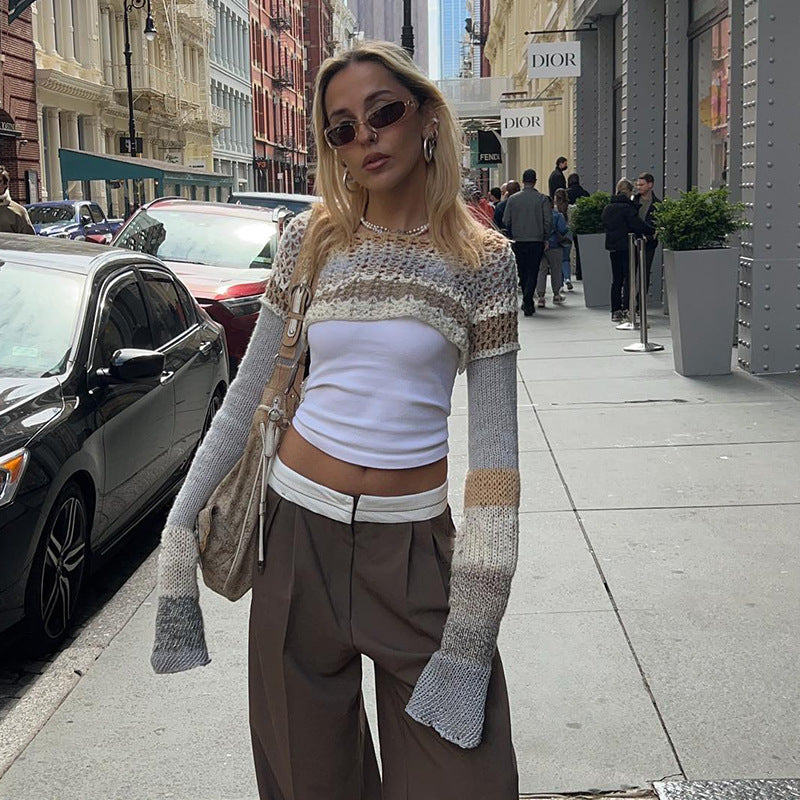 Dame hæklede crop-top med lange ærmer og farverige striber Skovae