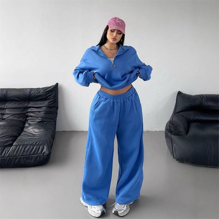 Dame sporty fleece loungewear sæt med høj krave og løs pasform Skovae