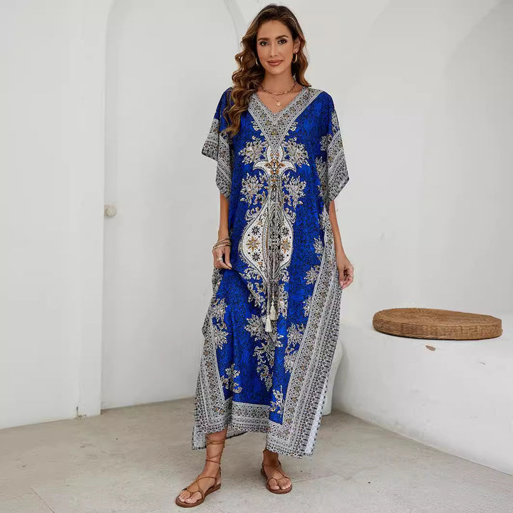 Dame Mode Maxi Kaftan med V-udskæring og unikt mønster Stilla