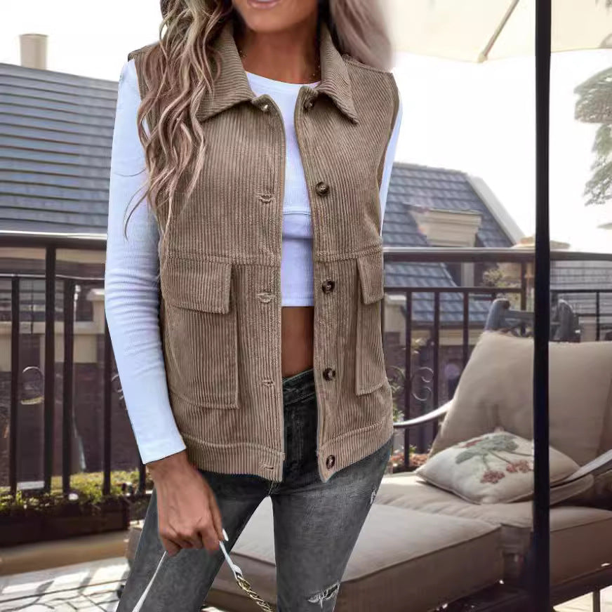 Stilla | Ærmeløs Corduroy Løs Pasform Knapåbning Lommer