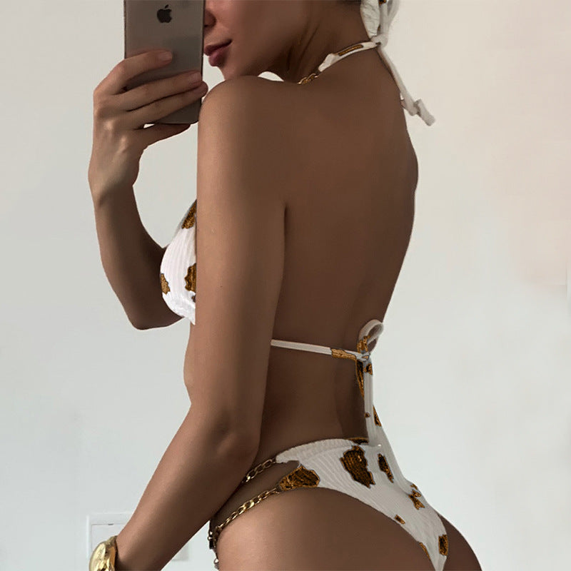 Dame Triangel-Bikini med moderne kvæg mønster og prydende kædeelementer Stilla