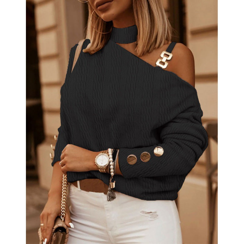 Damer modischer pullover med off-shoulder-design og metalliske accenter Stilla