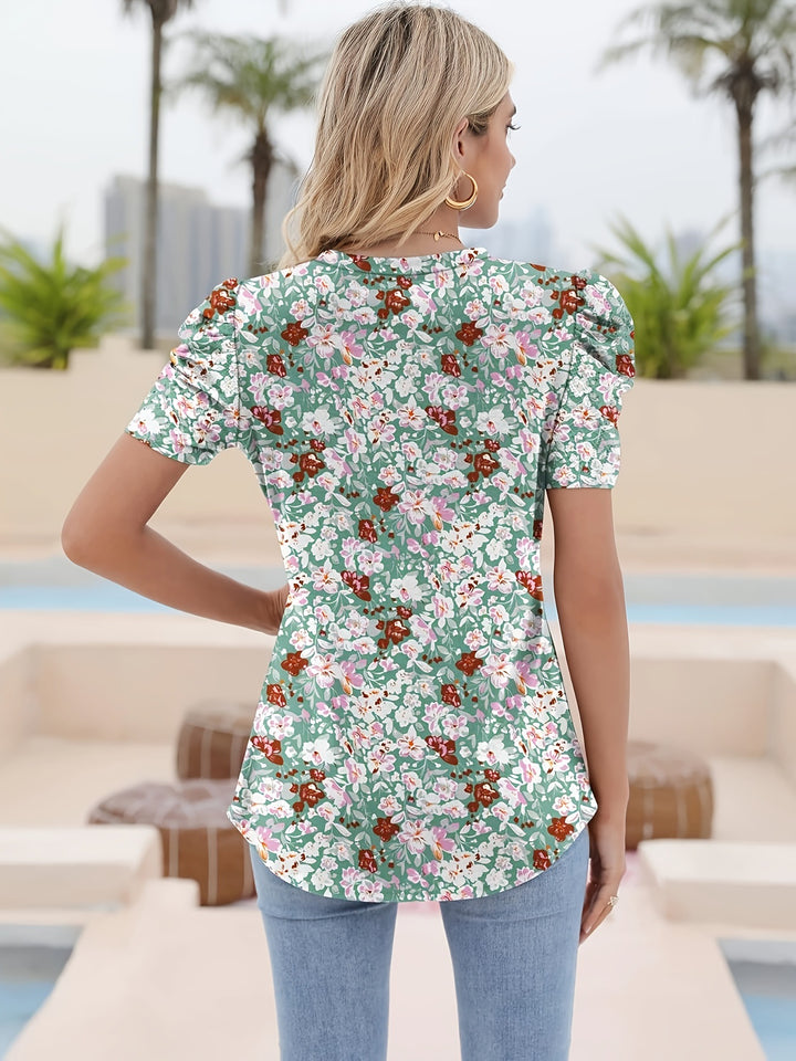 Damebluse med pufærmer og blomstermønster Stilla