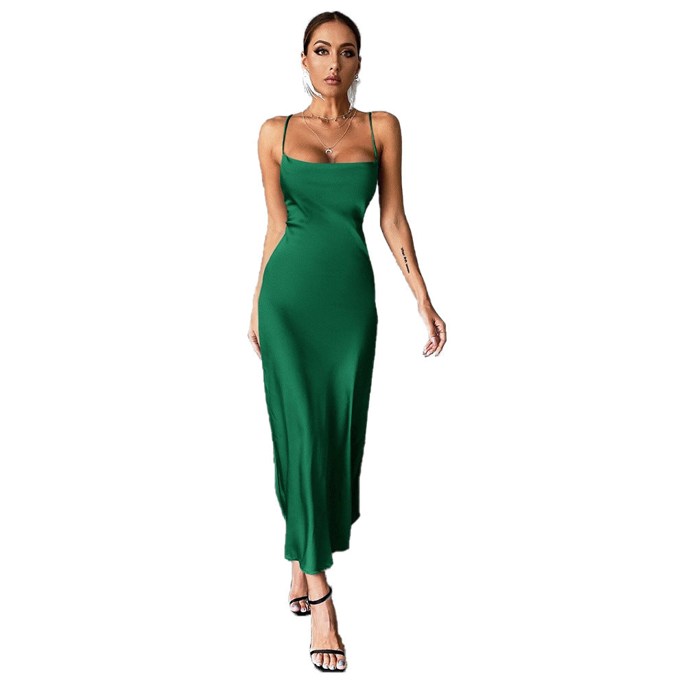 Kvinders elegante satin maxi kjole med spaghetti-stropper og flydende snit Stilla