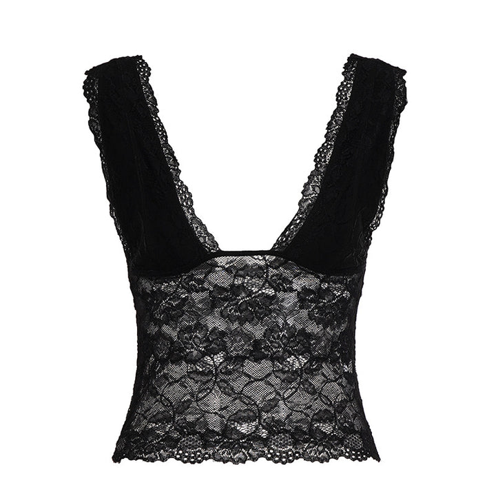 Dame spids-bustier med dyb V-udskæring og elegante flæse-detaljer Skovae