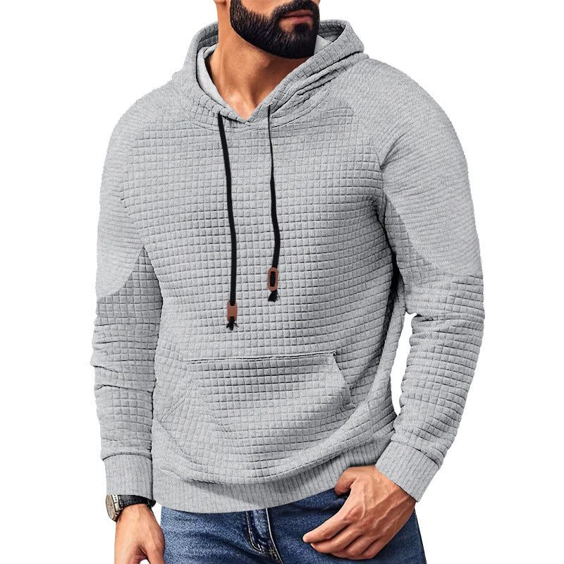 Herren nan kvadratstruktureret hættepullover i quiltet look med kængurulomme, raglanærmer og snor.
