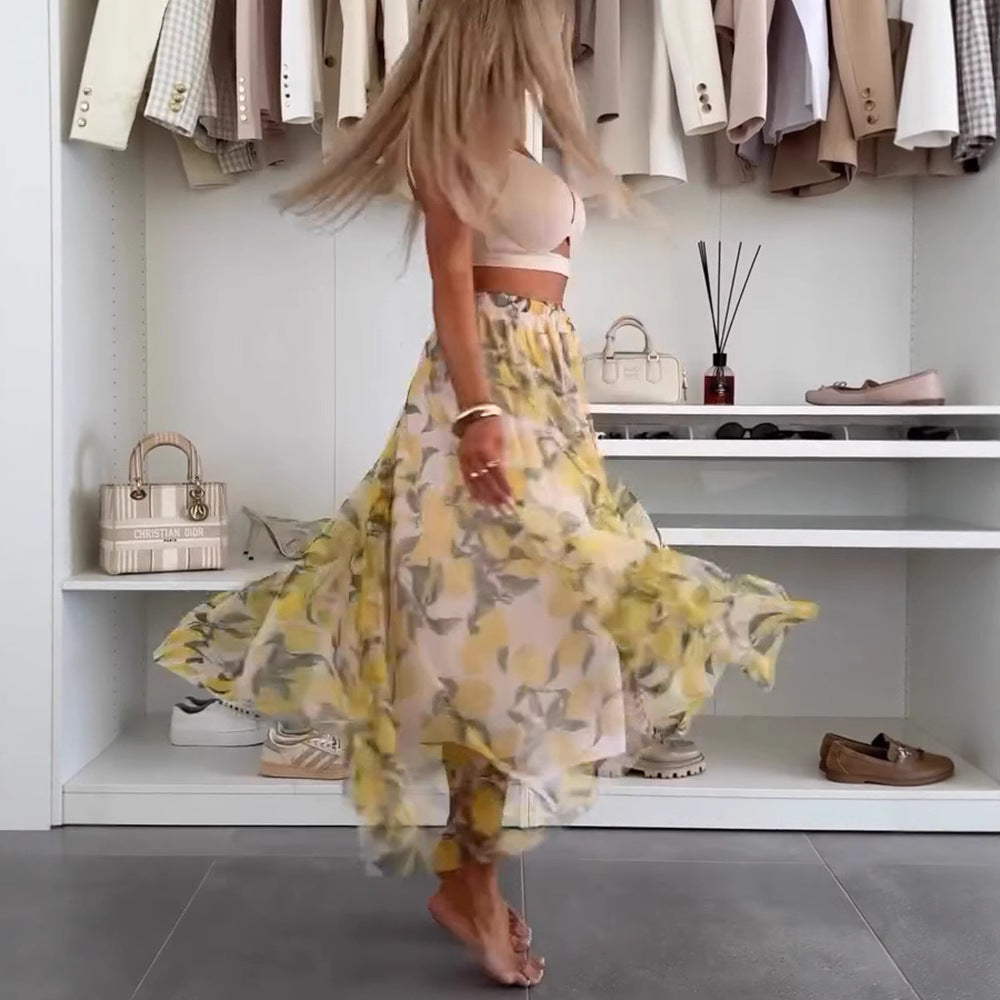 Dame maxi nederdel lavet af let chiffon med blomstermønster Stilla