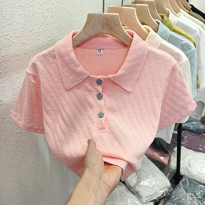 Dame Struktureret Korte Ærmer Polo T-shirt med Blomsterknapper Stilla
