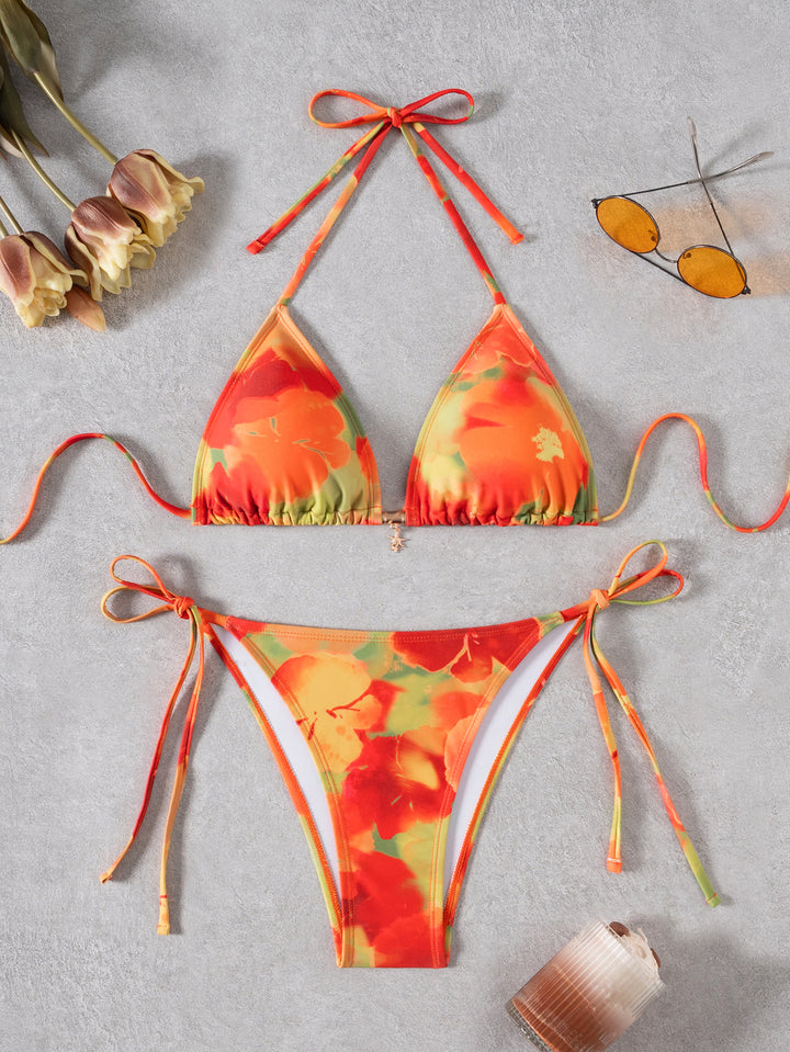 Dame Triangel-Bikini med blomstermotiv og justerbare bindebånd Skovae