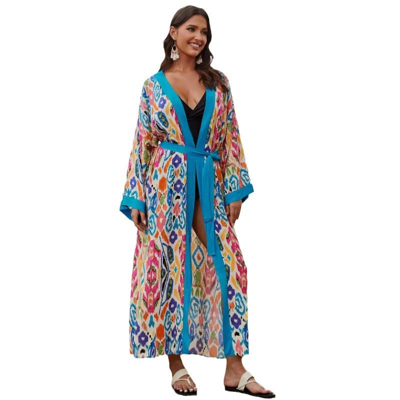 Dame Kimono-Style Strandovergangsrobe med kunstnerisk mønstermix Stilla