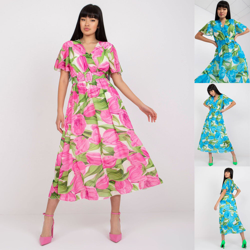 Dame Floralprint Midi Kjole med Bælte Talje Stilla