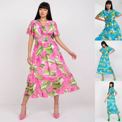 Dame Floralprint Midi Kjole med Bælte Talje Stilla